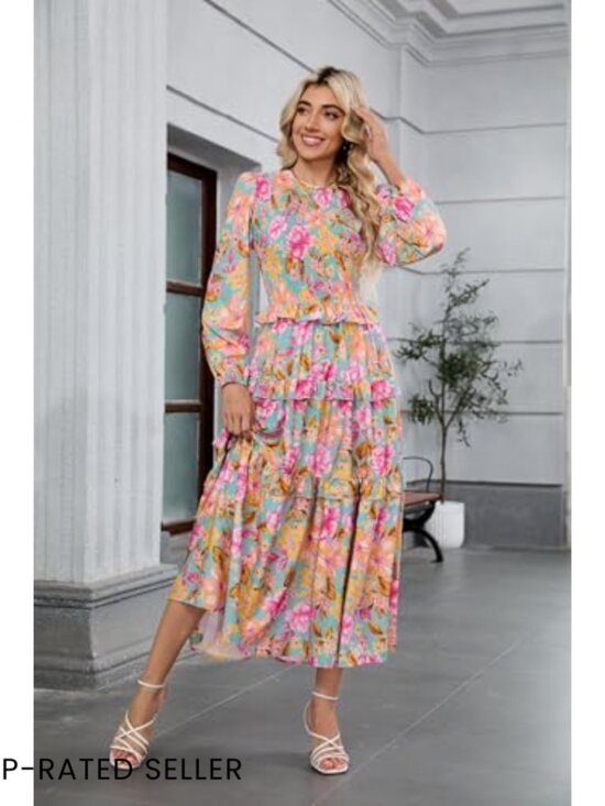 Flowy Boho Maxi Dress with Smocked Bodice and Puff Sleeves for Wedding Guest - Picture 2 of 7
